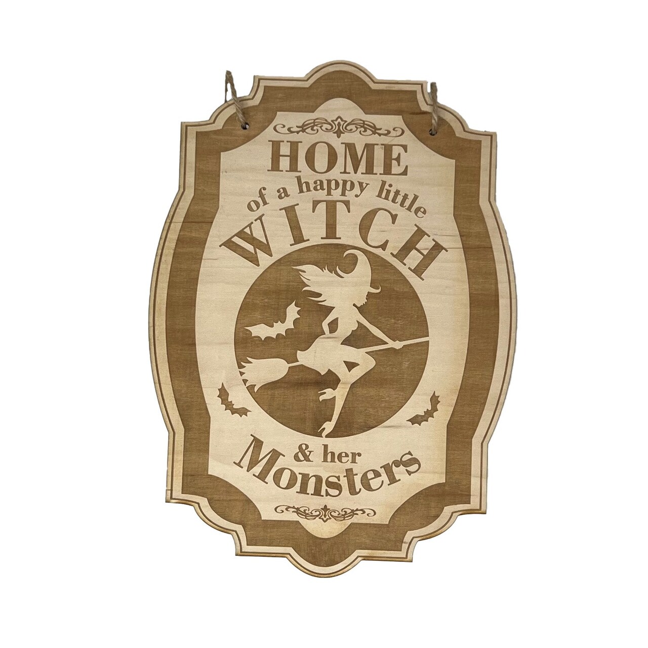 Home of a Happy Little Witch - Raw Wood Halloween Door Sign 7x9